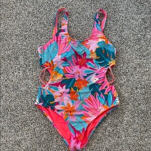 Vibrant Pink and Orange One Piece Swimsuit with Tropical Floral Design